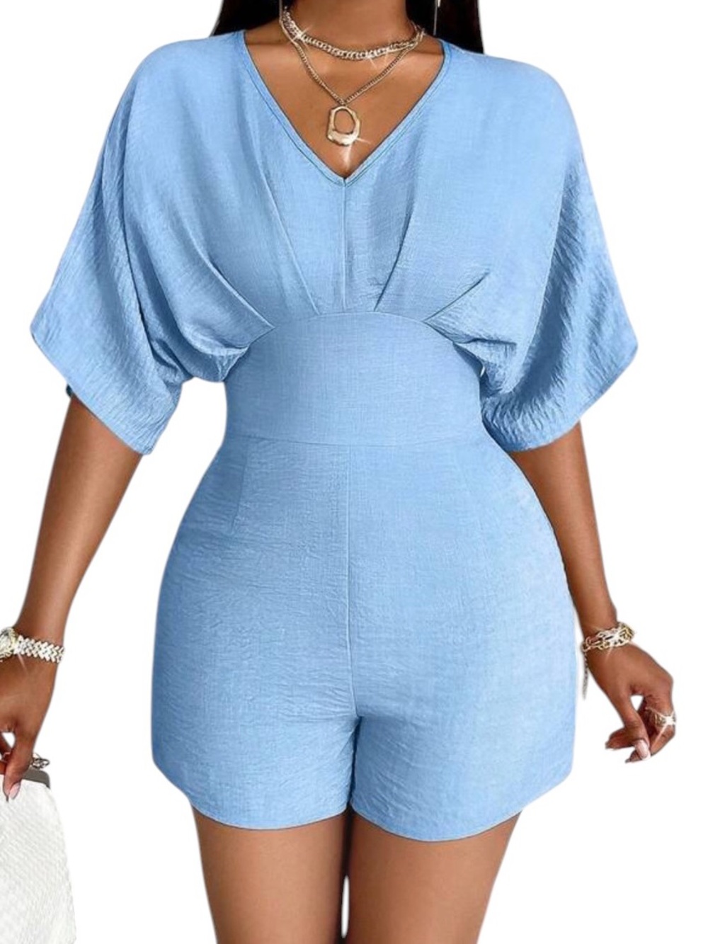 AIJ Light Blue V-Neck Batwing Sleeve Romper Playsuit Sz [L]